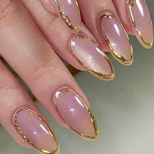 evpct Gold Line 3D Cat Eye Press On Nails Medium Almond with Desi...