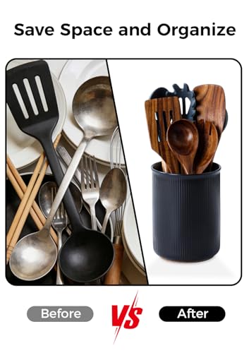 Image of LoeJan Utensil Holder, Extra Large Utensil Crock, Stable Ceramic Utensil Organizer, Cooking Tool Organizer Set for Kitchen Counter Farmhouse Decor, Matte Black
