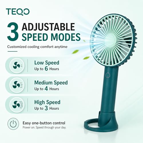 Image of TEQO Rechargeable Hand Fan 4800 RPM High Speed | 1200mAh Battery, Up to 6 Hours Runtime | Portable USB Fan with Mobile Stand & RGB Light | 3 Speed Personal Mini Fan for Travel, Makeup (Green)