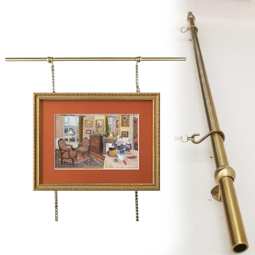 Sistema de riel de latón para colgar cuadros con cadenas doradas y ganchos para exhibición de arte de pared, kit de rieles de galería personalizado