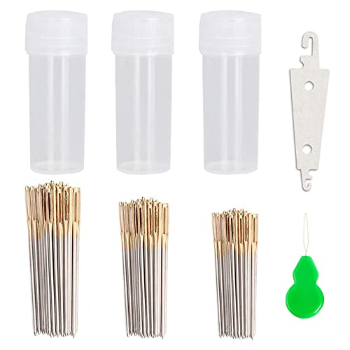 90pcs Cross Stitch Needles +2 Needle Threader Golden Color Large Eyes Cross Stitch DIY Embroidery Hand Needles Sewing Needles in Transparent Box Size 22# 24# 26#