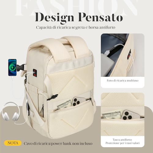 ZHXX Ryanair Handgepack 40x30x20,Handgepäck Rucksack Leichter Kabinenrucksack mit 14 Zoll Laptopfach & Diebstahlsicherung,Beigeweiß.