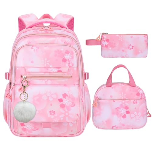 3Pcs Set Backpacks for Girls Teen, Cute Flowers School Bag Girls Bookbags with Lunch Box Pencil Bag, Multi-Pockets Kids Backpack for Elementary & Middle School, Pink
