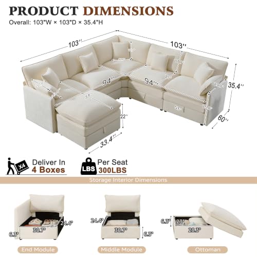 Image of Ihanherry Oversized Modular Sectional Sofa with Storag, 6-Seater V Shaped Cloud Couch with Movable Ottomans, Chenille Deep Seat Corner Couches for Living Room (Beige)