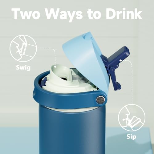 Image of Meoky 24 oz Insulated Water Bottle: Stainless Steel for Travel Gym, Denim | 2-in-1 Straw and Spout Lid, Leak Proof, Cold for 24 Hours, Fits in Car Cup Holder, BPA-Free