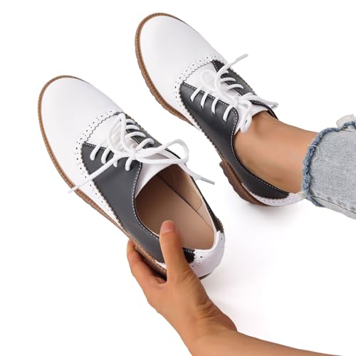 mikarka Vintage Oxford Shoes for Women Perforated Wingtips Brogue Oxfords Low Chunky Heel Lace Up Saddles Dress Pumps Shoes - Image 3