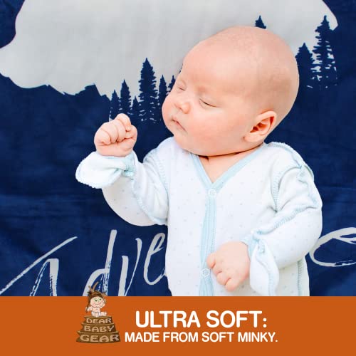 Image of Dear Baby Gear Bears Deluxe Baby Blanket - Reversible, Milestone & Newborn Gifts - White Bear, Adventure Awaits - Reversible with White Bears and Pine Trees on Navy Blue - 40 inch x 30 inch