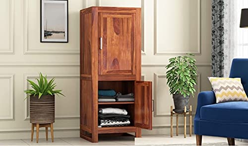 Image of Wooden Wardrobe for Bedroom, Almirah with Double Door & Multiple Shelves Storage, Solid Sheesham Wood, Honey Finish