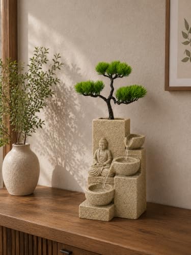 Image of eCraftIndia Buddha Bonsai Tabletop Water Fountain for Home Decor, Indoor Cascading Waterfall Fountain with Buddha Statue & Decorative Tree, Living Room, Bedroom, Office & Meditation Decor