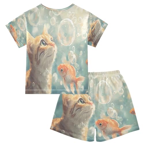 ALAZA Goldfish Cat Kitten Bubble Pajamas Set Short Sleeve Cotton Sleepwear Summer Pjs 2 Piece 5-14Y2