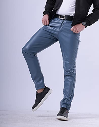 Men`s Summer Business Thin Slim Fit PU Dress Faux Leather Pants Jeans Blue/402