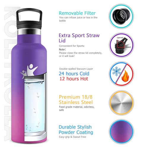 KollyKolla Trinkflasche Edelstahl Kinder 500ml, Thermoskanne BPA-Frei, Auslaufsichere Isolierflasche Doppelwandig, Kohlensaeure Geeignet, Wasserflasche Edelstahl für Fitness, Schule, Outdoor