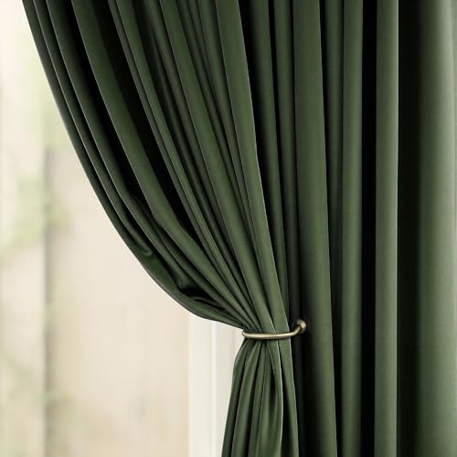 Image of Luxury Velvet Olive Green Curtains 102 Inches Long 2 Panels for Living Room Darkening Dark Out Forest Green Bedroom Curtain Thermal Insulated Custom Made Length Fancy Botanical Coastal Decor Back Tab