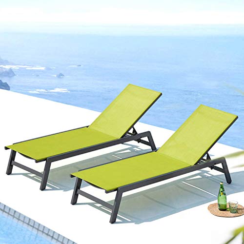 CONCEPT USINE | Lot De 2 Transats Inclinables | Bain De Soleil Chaise Longue d'Extérieur | Prato Gris & Vert | 2 roulettes | Aluminium Textilène Dossier Réglable | Jardin Terrasse Plage Piscine
