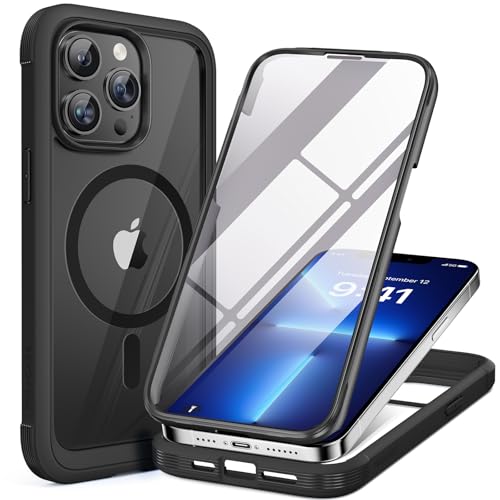 Miracase Magnetic for iPhone 13 Pro Max Case 6.7 inch (Compatible with MagSafe) Upgrade Full-Body Clear Phone Bumper Case with Built-in 9H Tempered Glass Screen Protector Magnetic Classic Black