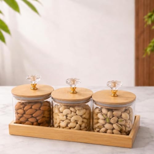 Image of Borosilicate Transparent Glass Storage Jar Set with Bamboo Tray, Set of 3 (500ml) Airtight Round Glass Containers with Bamboo Lids & Silicone Seal, Dry Fruit Storage Jars for Spice