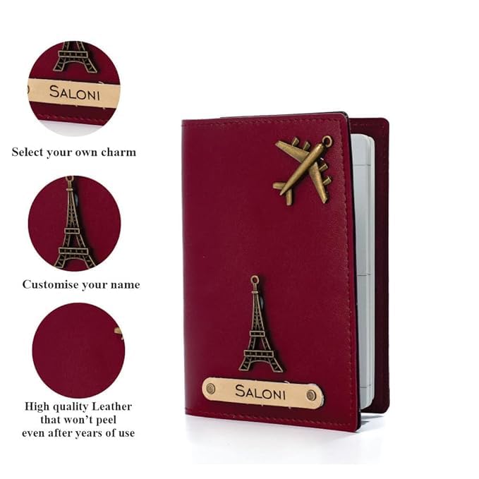 Image of Personalized Passport Cover with Name & Charm, Tan Travel Passport Holder for Men & Women, Premium Leatherette Case for Documents & Cards (Wine)