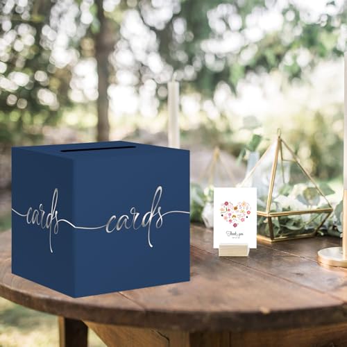 Image of Navy Blue Card Box with Silver Foil Design, Paperboard 8.7 inch Card Box for Birthday Wedding Party Graduation Retirement Anniversary Valentine's Day & Baby Showers, Raffle or Money Box