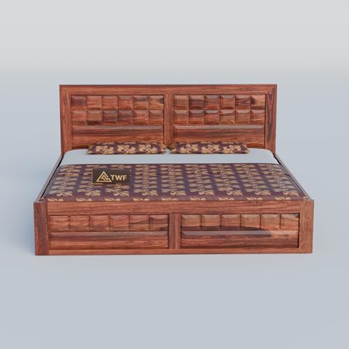 Image of Solid Sheesham Wood King Size Bed with Storage Box | Double Bed for Bedroom | Big Diamond Design Wooden Double Bed Cot for Home & Hotels | Rosewood, Honey Finish