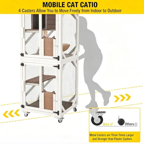 Image of Aivituvin Cat Catio Outdoor Cat House Movable Large Enclosures on Exercise Wheels Kitty Cage with Upgraded Resting Box,Waterproof Cover,24.5 inch L x 23.4 inch W x 62.8 inch H Camel