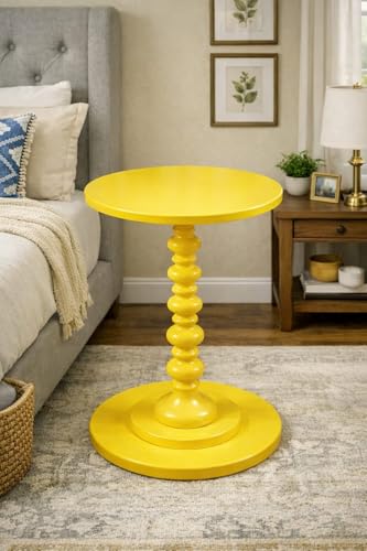 Image of Kundi Round Coffee End Table for Living Room - Modern Brown Accent Pedestal Side Table for Bedroom & Home Decor (Yellow)