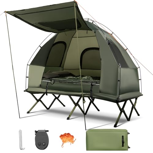 ReunionG 2 Person Cot Tent, 5 in 1 Foldable Camping Tent Cot w/Air Mattress, Sleeping Bag, Pillow, Carrying Bag, Off Ground Elevated Tents for Hiking, Picnic, Travel, Fishing, Outdoor Activities