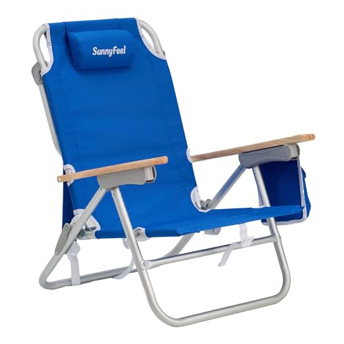 SUNNYFEEL Low Back Folding Beach Chair, Aluminum Heavy Duty Beach Chair with 3 Reclining Position, Portable Camping Chair for Adults with Wood Armrest