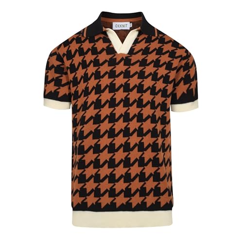 Men's Knit Polo Shirts, 1960s Mod Style Retro Pattern Short Sleeves Casual V-Neck Short Shirts, Black Brown