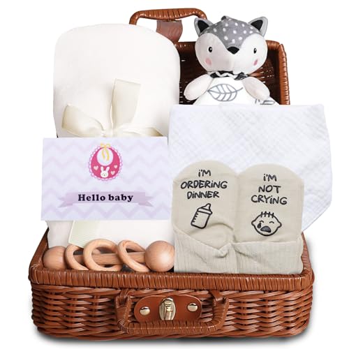 Tbintul 7 en 1 Cadeau Bebe Naissance,Bebe Coffret Naissance, Cadeau Baby Shower avec Doudou, Couverture, Bavoir, Chaussettes, Félicitations Carte et Rattle en Bois