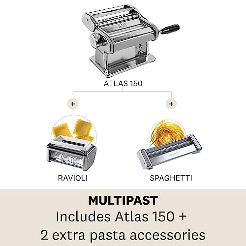 MARCATO PASTASET Pasta Machine Gift Set, Chrome Steel. Includes Atlas 150 Pasta Machine, Ravioli & Spaghetti Attachments.