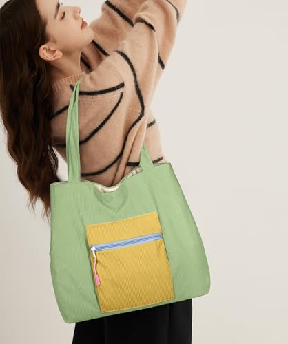 Image of Corduroy Tote Bag Large Shoulder Handbag Hobo Shopping Travel Bag with Zip Pocket and 2 Random Enamel Pins