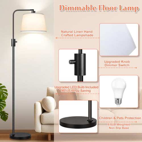 Image of 【Upgraded】 Dimmable Floor Lamp, 1000 Lumens LED Edison Bulb Included, Arc Black Floor Lamps for Living Room Modern Standing Lamp with White Shade, Tall Lamps for Living Room Bedroom Office Dining Room