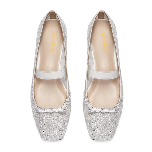 miss left Women Unique Square Toe Lace Floral Mary Jane Flats Studded Rhinestone Elastic Single Strap Ballet Flats Wedding Prom Dressy Shoes Size 4-16 US4