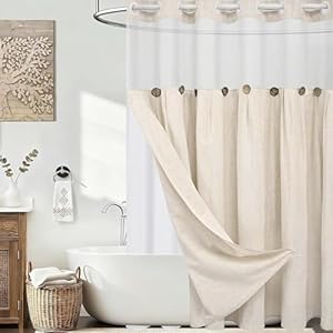 Alishomtll Duschvorhang 180x185cm, Beige Antischimmel Textil Badvorhang, Waschbar Shower Curtains mit Gewicht, Doppellagiger Duschvorhang mit Druckknopf-Futter und Transparentem Fenster