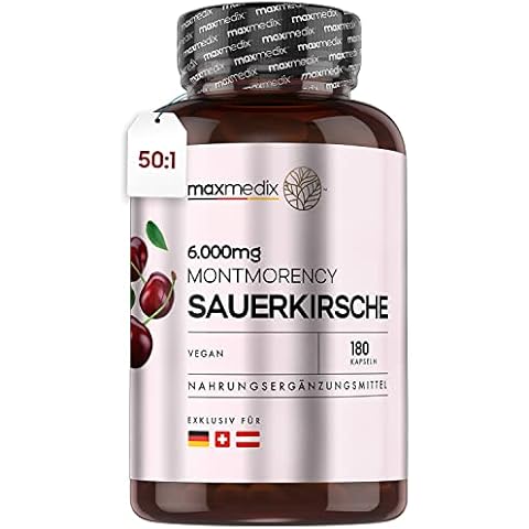 Montmorency Sauerkirsche 6000mg (50:1) - 180 vegane Kapseln - Laborgeprüft in Deutschland - 120mg Sauerkirsch Extrakt pro Portion - Tart Cherry - 3 Monate Vorrat - Kirschextrakt von maxmedix Cover