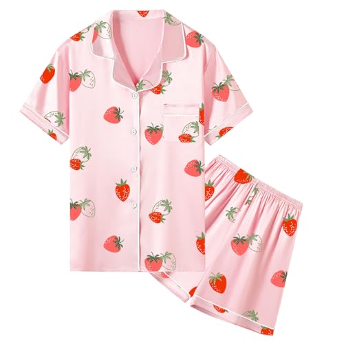 Image of Umeyda Women & Girls Pajamas Set, 2 Piece PJS Satin Silk Sleepwear Button-Down Top with Shorts for Mom Kids Gifts