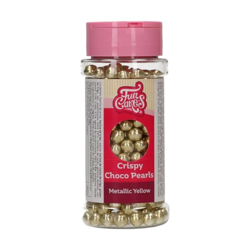 FunCakes Crispy Choco Pearls - Metallic Yellow - Decoraciones de Chocolate, Perfecto para Decorar Tartas, Magdalenas, Bizcochos y Pasteles - Decoración de Tartas, Pastelería - 60 g