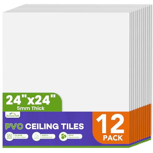 Image of 12Pcs 2ft x 2ft PVC Drop Ceiling Tiles, White Smooth Ceiling Panels 24x24in, Moisture Proof Fire-Rated Easy to Clean Reusable, No Sag No Breakage