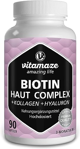 Complejo Cutáneo de Colageno Acido Hialuronico + Biotina 10.000 mcg, Coenzima Q10 y Vitamina C, 90 cápsulas para la piel, cabello, articulaciones y huesos, Fabricado en Alemania. Vitamaze®