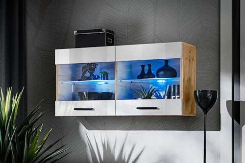 Komodee, Vitrine Schrank Savona, Weiß/Wotan, Breite 100cm x Höhe 50cm x Tiefe 30cm, ohne LED, 2...