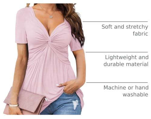 Image of Tankaneo Womens Front Knotted V-Neck Blouse T Shirt Short Sleeve Oversized Tunic Tops Summer Solid Pullover Tees
