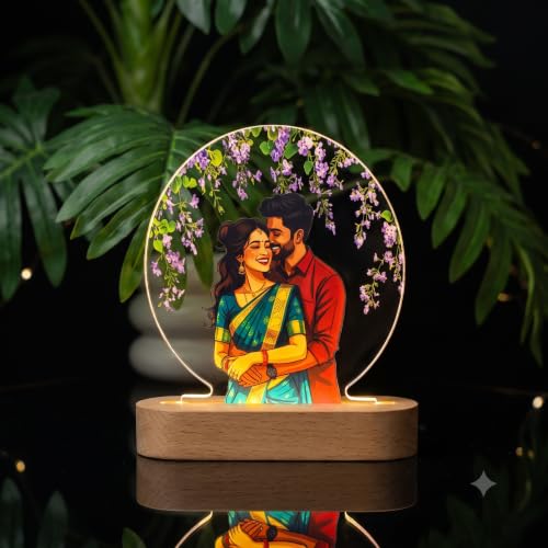 Image of Personalized Couple Photo Acrylic LED Lamp | Custom Romantic Night Light with Floral Artwork & Wooden Base | Anniversary, Wedding, Engagement, Valentine's Day Gift (Design 1)