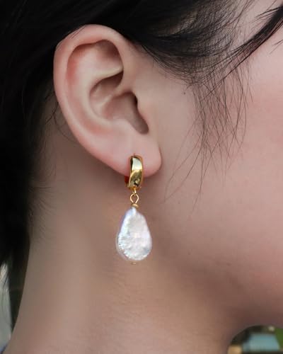 Freshwater Baroque Pearl Drop Dangle Earrings for Women, 14K Gold-plated Chunky Pearl Hoop Earring for Sensitive Ears, Big Hoop Huggie Drop Dangle Earring Hypoallergenic Trendy for Women Gifts2