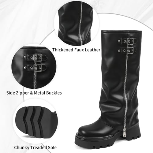 Lyrisiphy Knee High Boots for Women Foldover Wide Calf Pull on Cute Chunky Platform Riding Boots Fashion Long Tall Fall y2k Trendy Boots for Festival Concert Punk Rave3