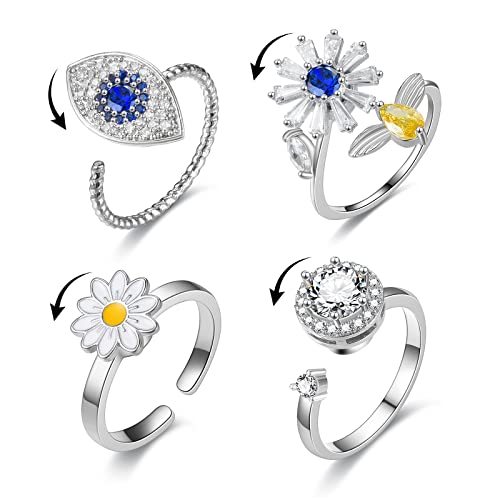 PROJEWE Fidget Bague pour Femmes Spinner Bague Femme Ouverts Réglables Zircon Cubique Fidget Tournesol Abeille Papillon Perle Anneaux Anti Stress Ensemble Empilables 4 pcs Cover