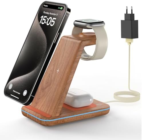 GEEKERA Wireless Charger, 3 in 1 Induktive Ladestation für iPhone Duo/18/Air/17/16/15/14/13/12/11/Pro Max, Ladestation für Apple Watch Ultra 4-1/12-2/SE, Kabelloses Ladegerät für A