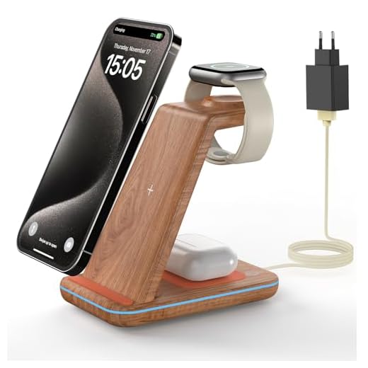 GEEKERA Wireless Charger, 3 in 1 Induktive Ladestation für iPhone Air/17/16/15/14/13/12/11/Pro Max, Ladestation für Apple Watch Ultra 3-1/11-2/SE, Kabelloses Ladegerät für AirPods Pro 3-2/4-2, Holz