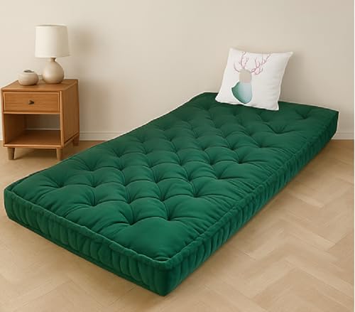 Image of ATOOTFUSION Cotton Floor Mattress, 4 inch Thick Tufted Cushion, 72 x 30 inch, Foldable, Rollable Light Weight Cotton Mattress (Bottle Green)