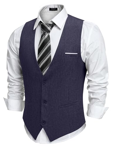 COOFANDY Chaleco Traje Hombre Negocio Sólido Chaleco Vestir Casual Cuello en V Chaleco Boda Hombre Elegante con Bolsillos Azul marino M