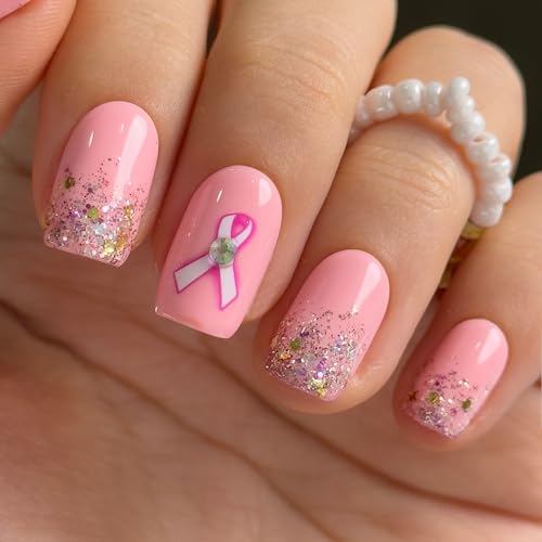CurvLife Medium Square Glitter Press On Nails, Pink Ribbon, Soft Gel